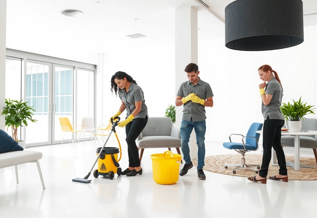 Professional cleaning team working in a modern office environment